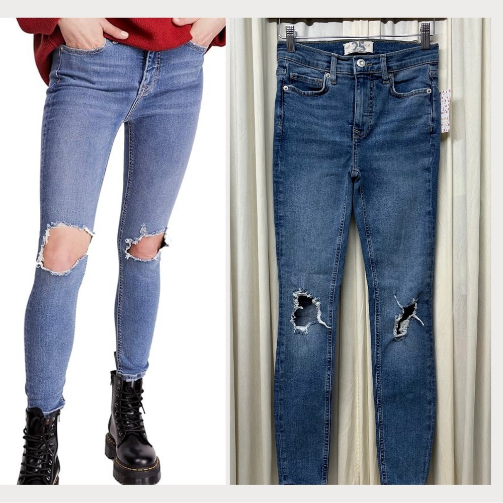 NWT Free People Busted Knee Skinny Jeans Ocean Blue 25